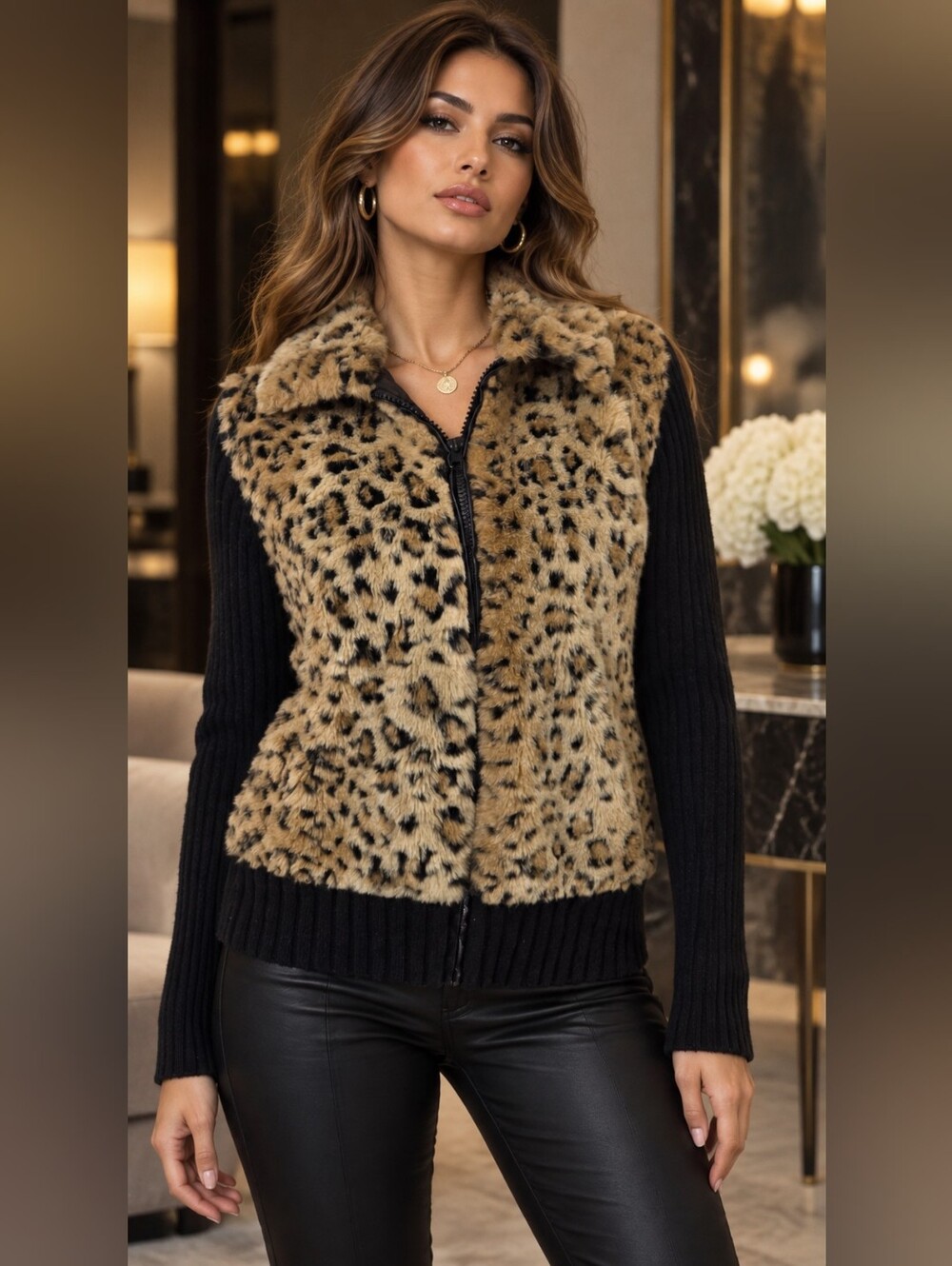 Tiara Faux Fur Zip Sweater L Black Tan Leopard Y2K Mob Wife Glam Retro